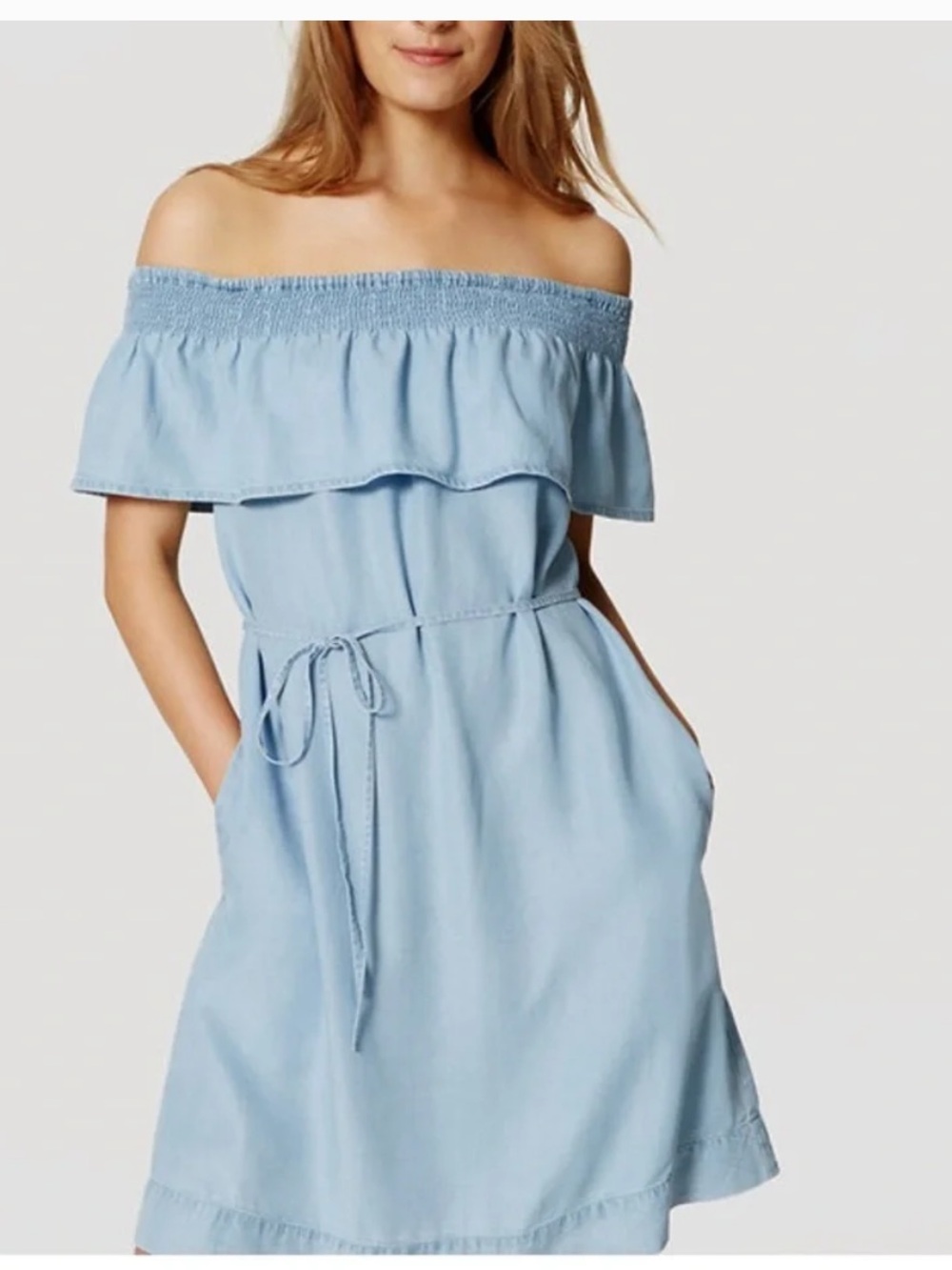 NWT LOFT Sleeveless Off-the-Shoulder Chambray Dress Women’s SZ S in Light Blue